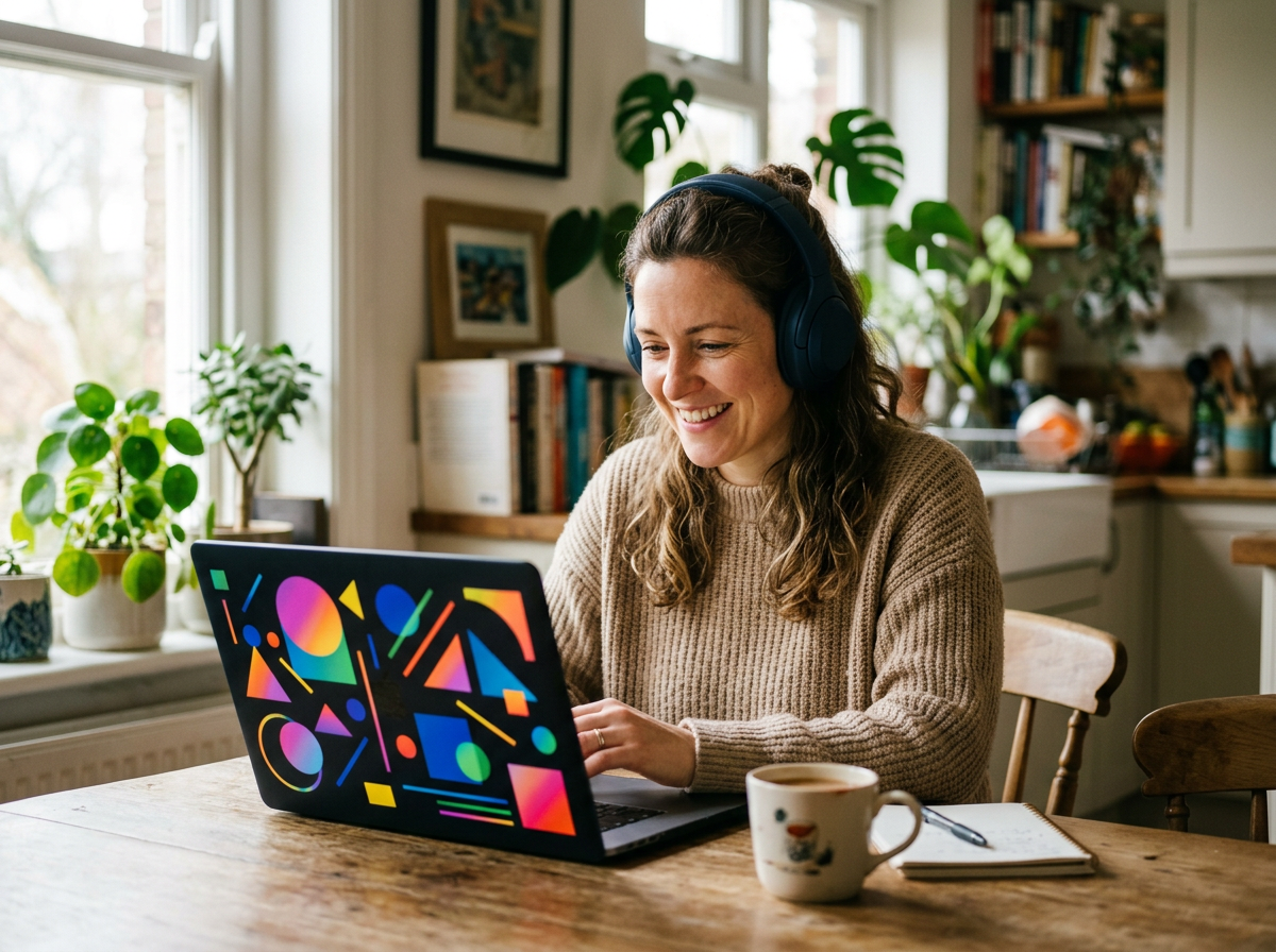 Une candidate sourit en travaillant sur son ordinateur portable, à une table de cuisine, casque sur les oreilles.